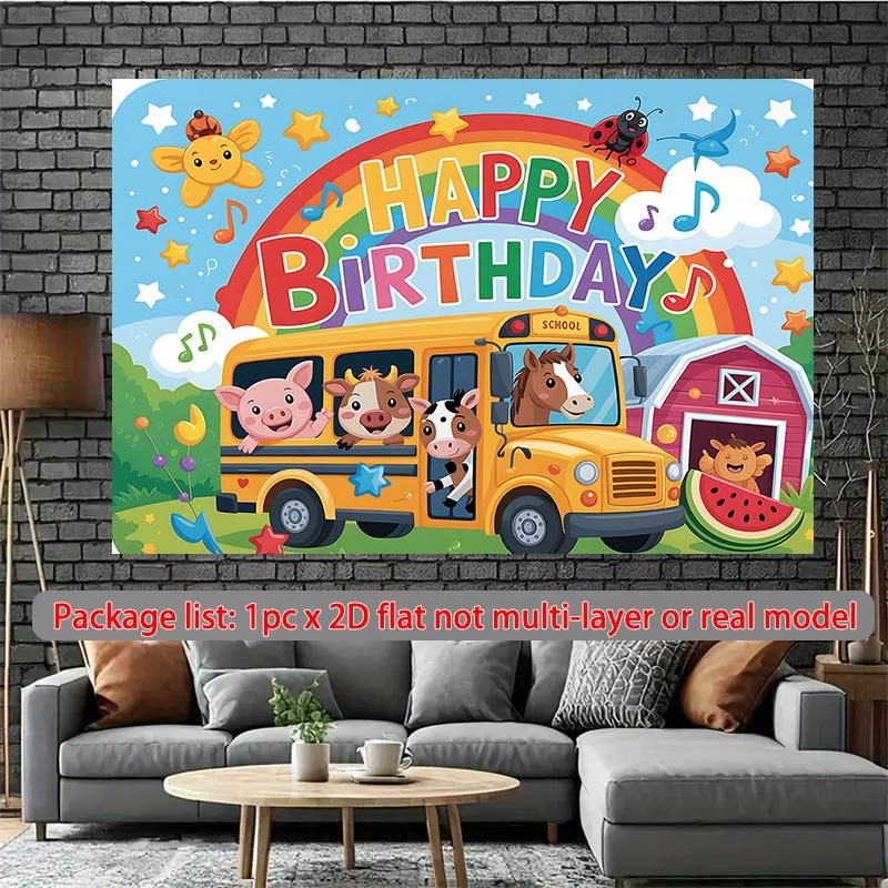 2D flat banner, 1pc Happy birthday with animals bus. Background Decoration Background Photo Props, Polyester Banner Decor, Home Decor, Room Decor, Wall Decor, birthday Party Background Decor, Party Decor/supplies/gifts Decorative Background