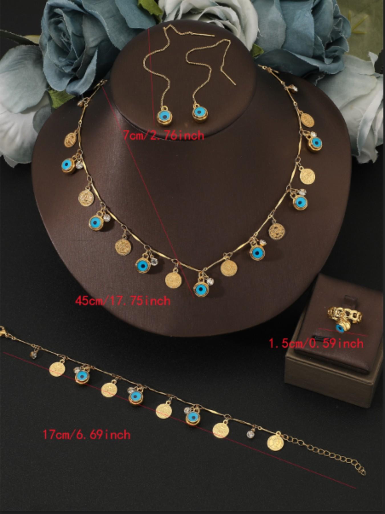 Unique Design Evil Eye Gold Coin Bell Jewelry Set, Bohemian Style Necklace Bracelet, Personalized Accessories, Four Pieces