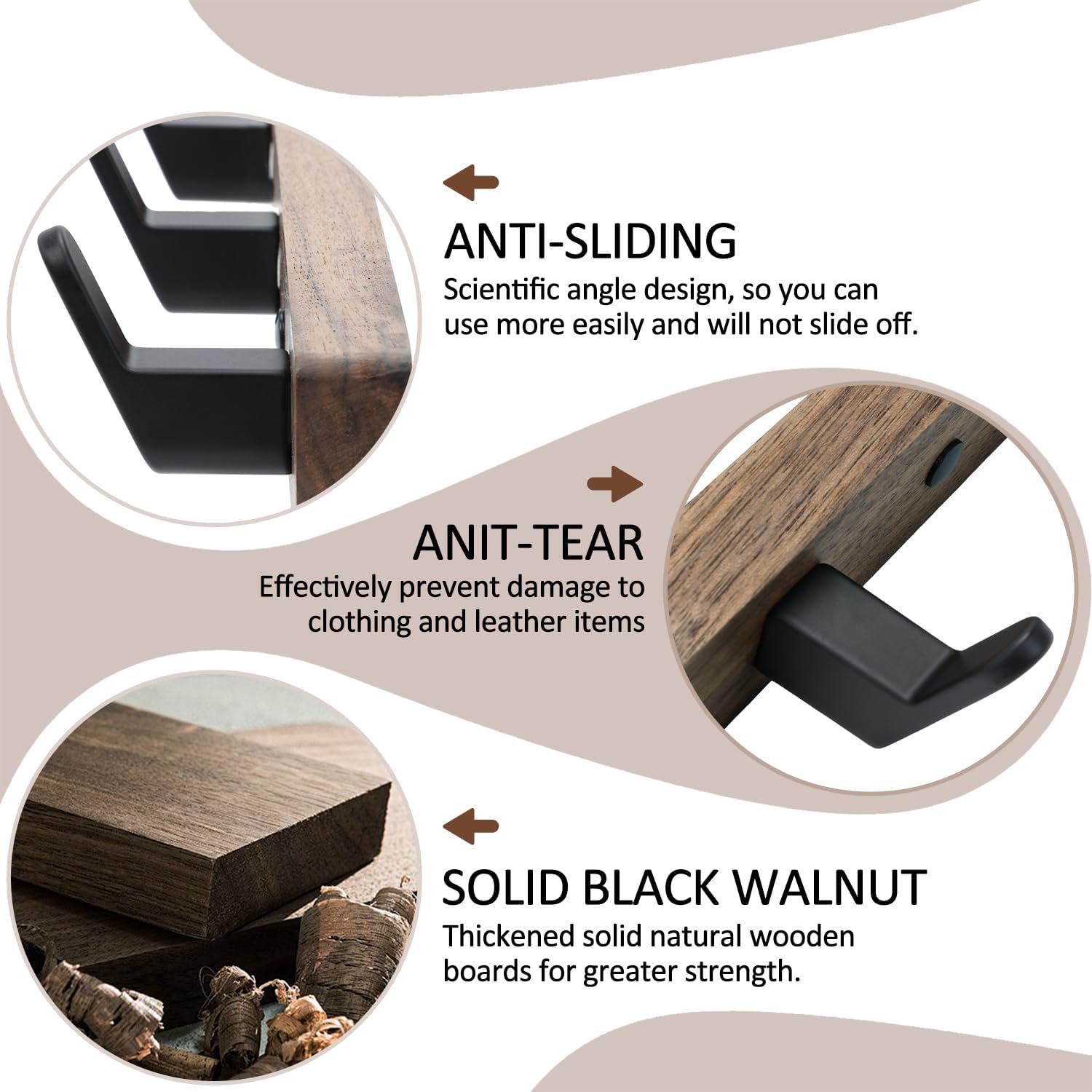 Coat Hooks Wall Mount, Wall Mounted Coat Rack with 4/5 Aluminum Hooks for Hanging Backpacks, Hats, Dog Leashes, Towels, Keys, Walnut Wood Wall Hooks for Entryway, Bathroom, Bedroom