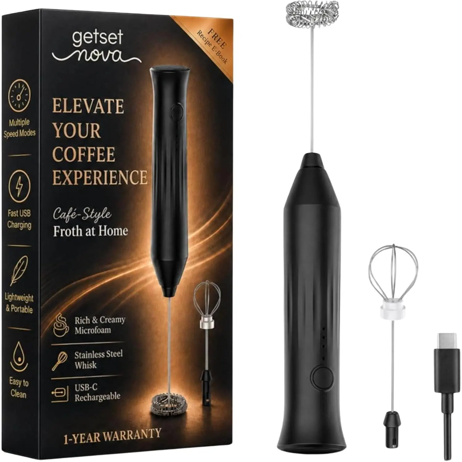Rechargeable   Handheld Electric Coffee  with  Spring Whisk |  Maker for Latte, Cappuccino, Matcha & Hot  | 3 Speed Modes |USB