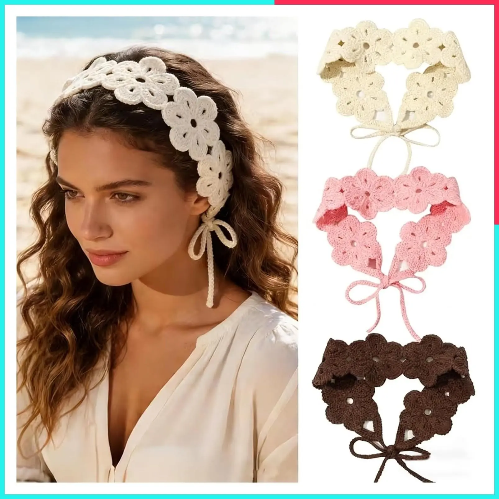 3 Pack Adjustable Boho Floral Crochet Headbands for Women and Girls - Hippie Tie Hair Bandana Accessories