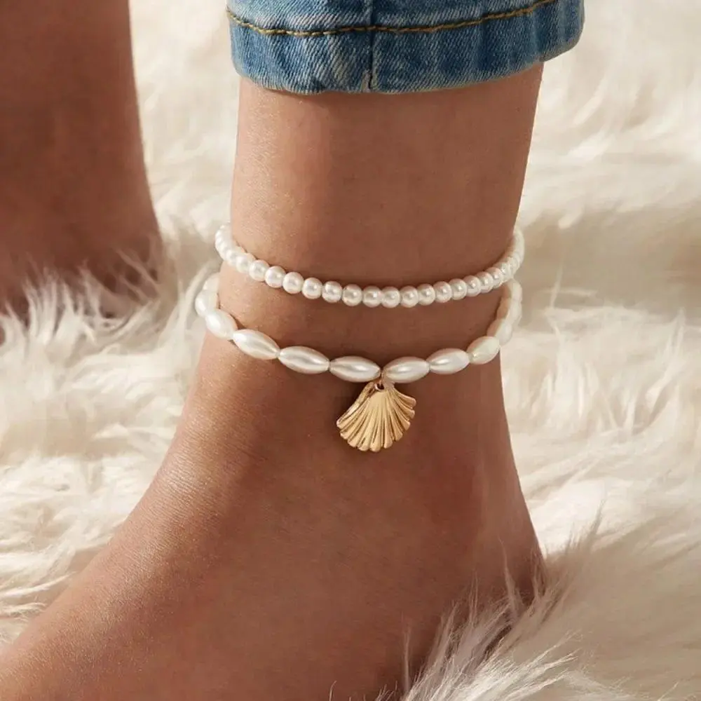 Fashion Bohemian Simulated Pearl Chain Wedding Anklet Bracelet for Women Gold Color Shell Pendant Anklet Jewelry Gift New
