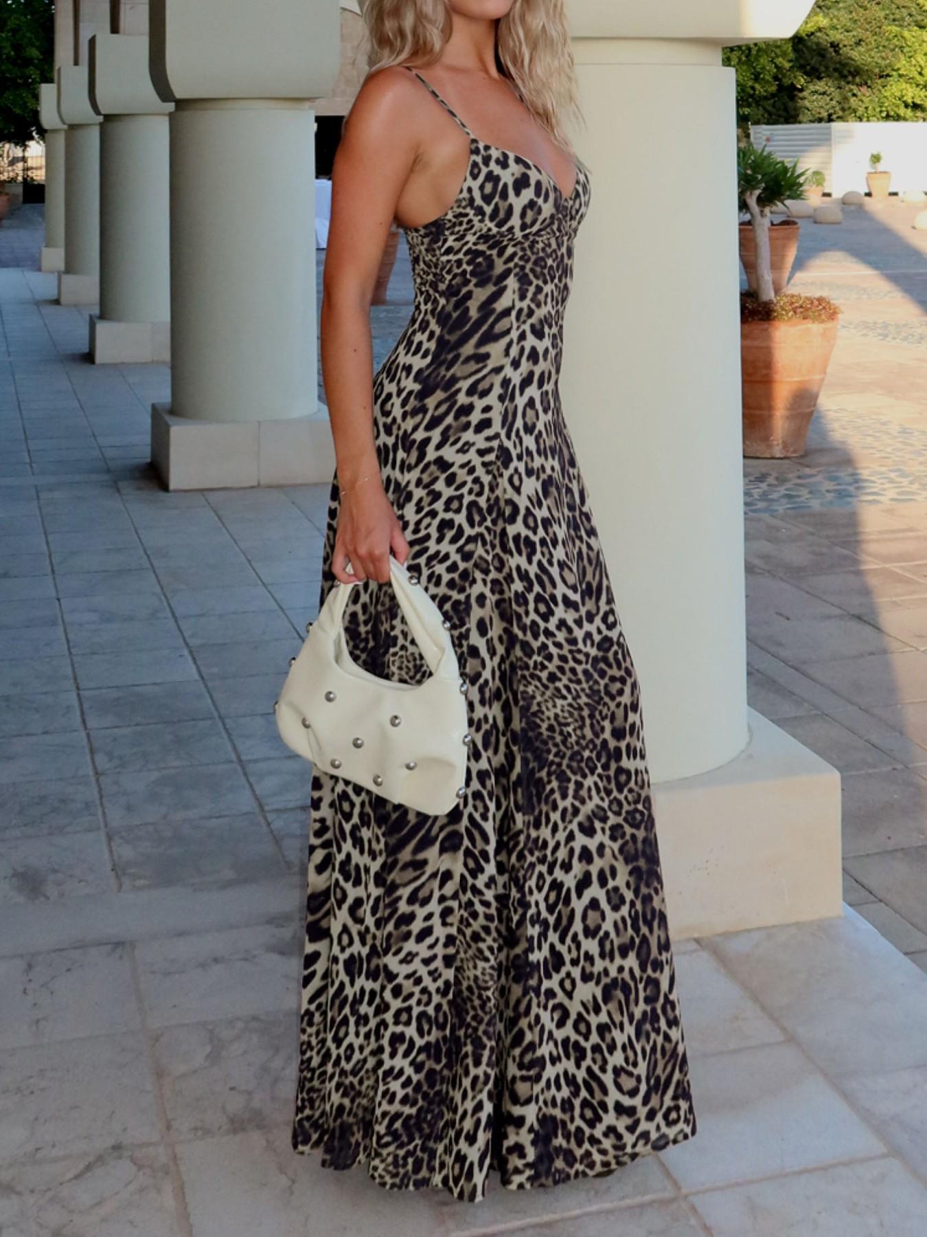 Women's Leopard Print Halter Neck Dress, Sleeveless Backless Adjustable Design, Casual Summer Party, Elegant Women's Clothing