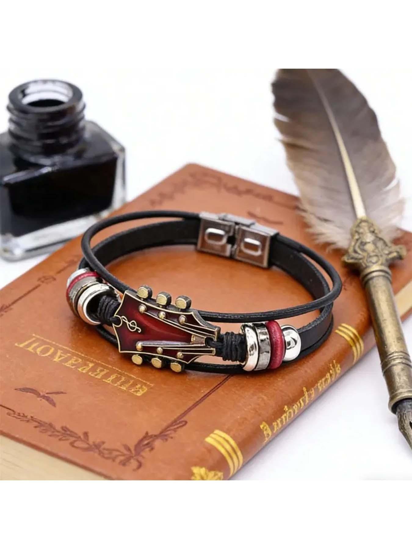 Vintage Guitar Leather Bracelet, Rock Tribute Design, Unique Gift for Musicians, Essential Fashion Accessory for Music Lovers
