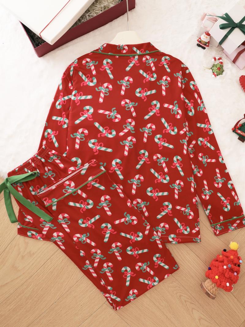 2-piece Pajama Set Butterfly Knot Candy Cane Halloween Soft and Comfortable Top Small Pocket Butterfly Knot Tightening with Elastic Pants Belt Suitable for Four Seasons Home Regular Wear Holiday Pajama Clothing