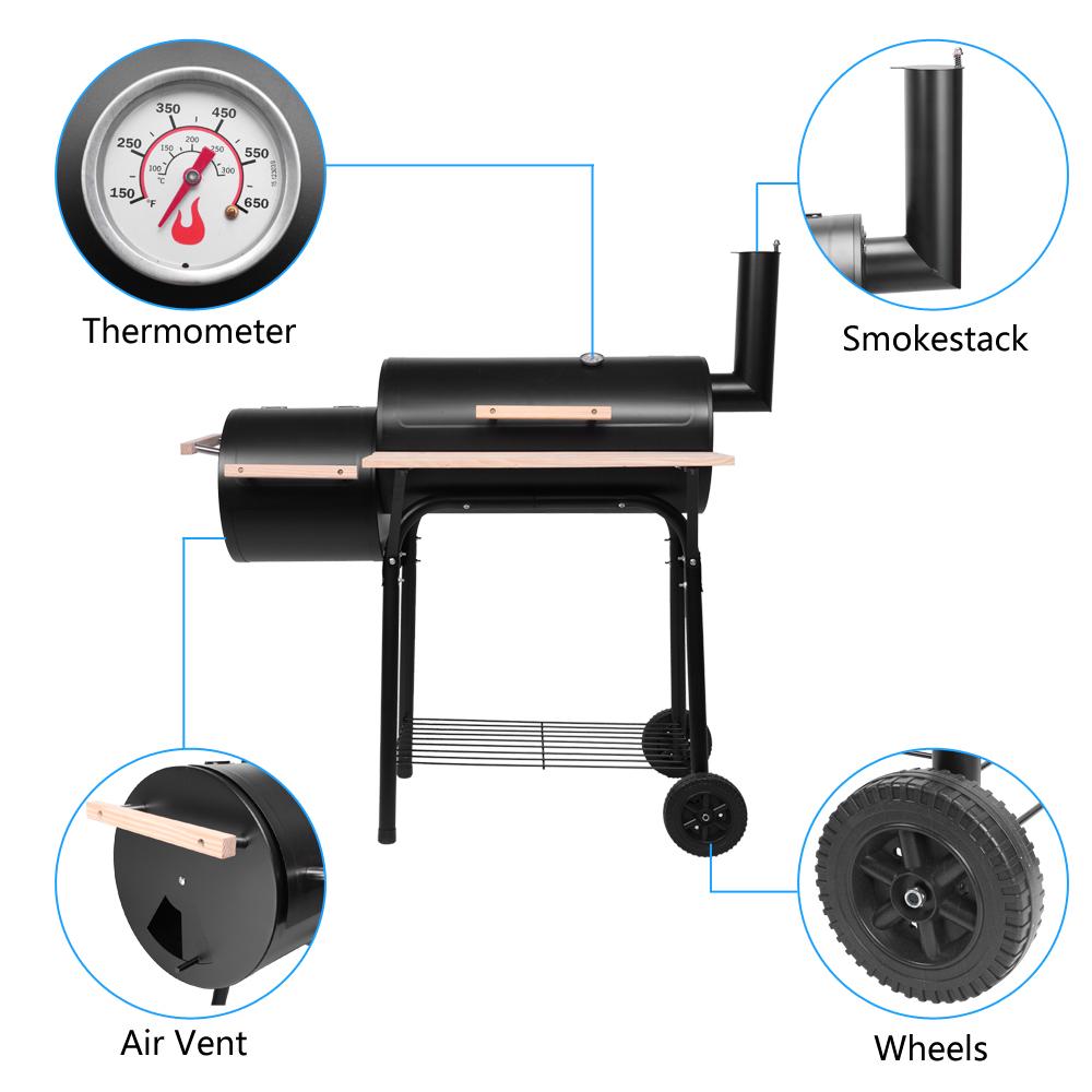 BBQ Charcoal Grill and Smoker, Oil Drum Charcoal Furnace High-Temperature Spray Paint (500-600 Degrees), Diameter 15cm Plastic Wheels for Outdoor BBQ Event