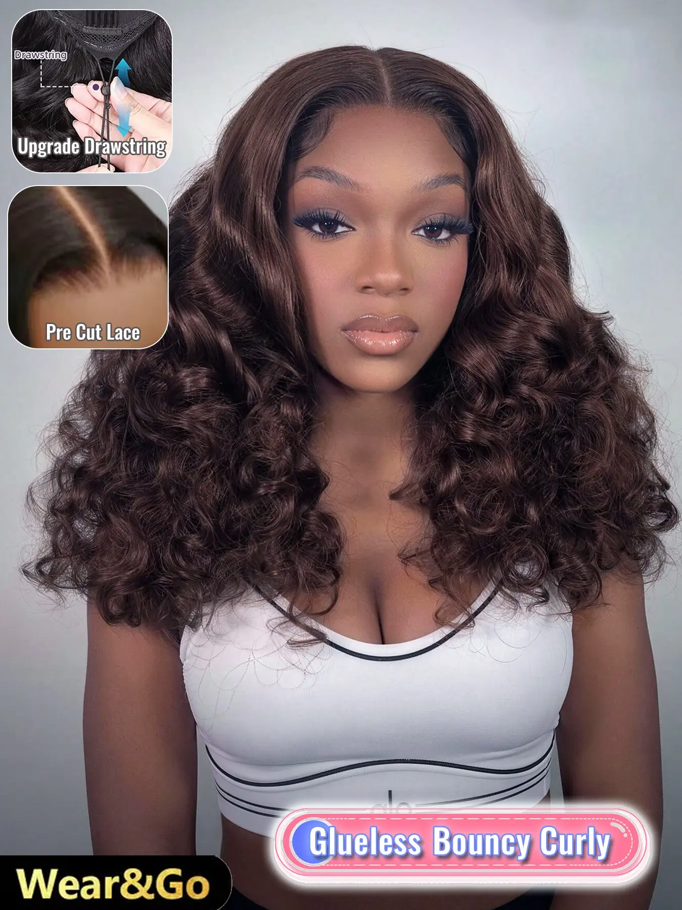 18 Inch Human Hair Bouncy Curly Wig, Deep Curly Hair Wear and Go 5x5 Glueless Lace Closure Wig, Soft Fluffy Ringlets, Lightweight Everyday Style for Women