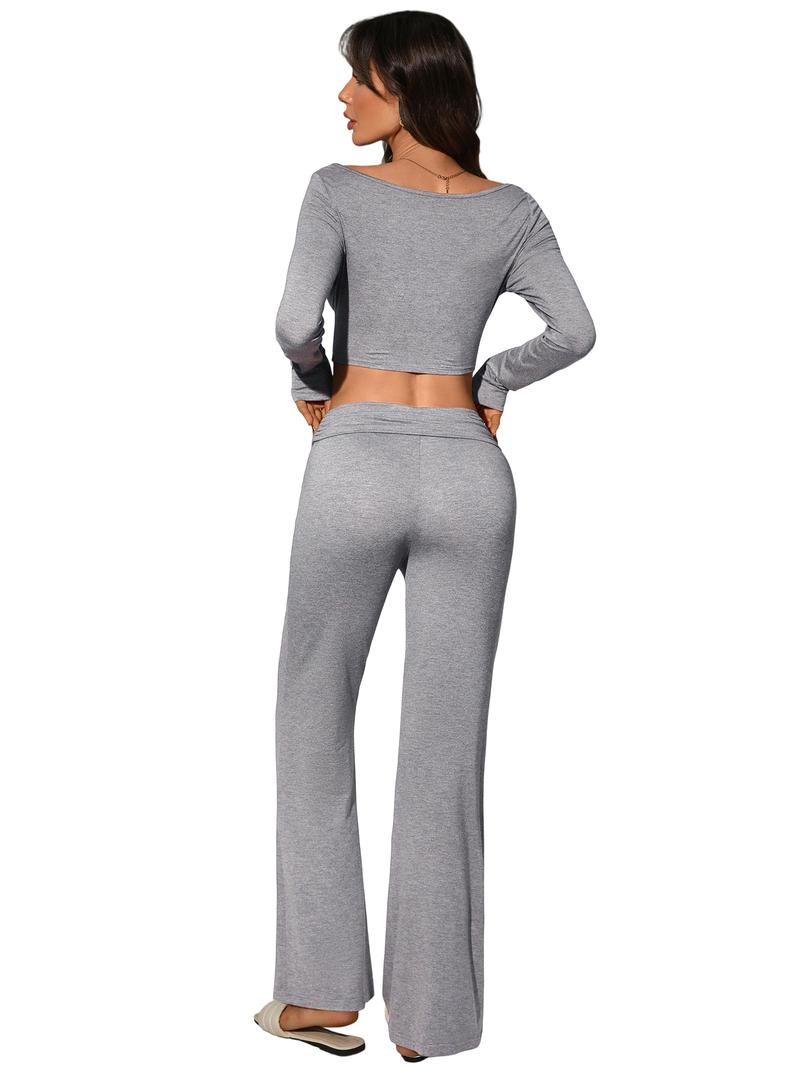 Women's Two-Piece Casual Set, Long-Sleeved Draped Neckline, Off-The-Shoulder Crop Top, Asymmetrical Hem, Flared Trousers, Everyday Wear