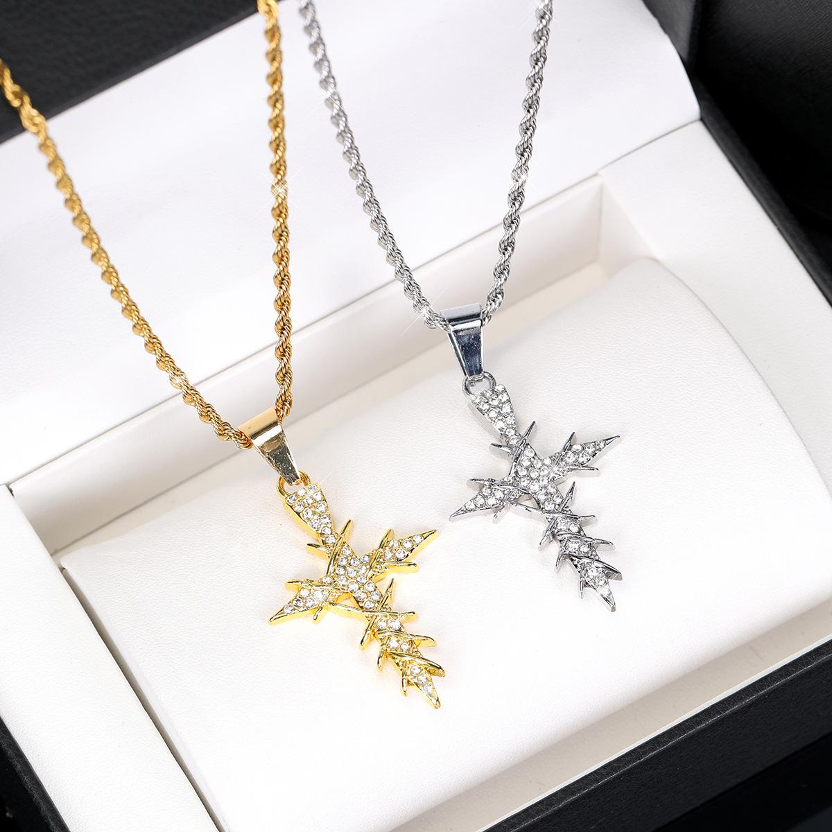 Popular hip-hop style dynamic and sparkling cross pendant necklace with twisted chain, simple alloy design