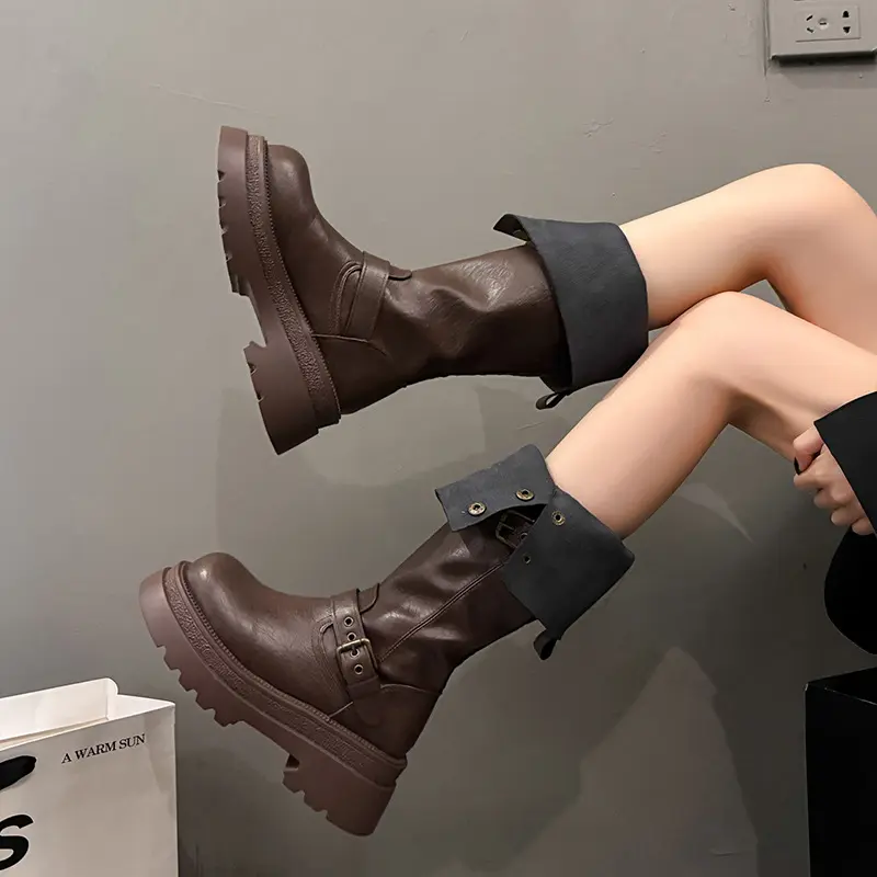 Two-Way Wear Platform Mid-Calf Pirates Long Motorcycle Boot Foldable Cuff Buckle Decor Tall Boot Vintage Faux PU Leather Upper, Thick Chunky Sole, Round Toe Trendy Fashion Footwear for Autumn Winter Style Daily Matching Comfortable Heel Black Friday Woman