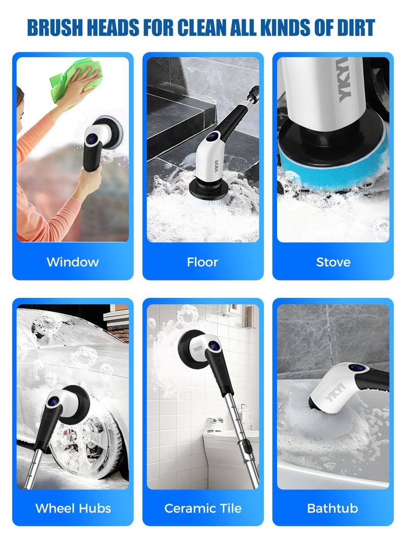 YKYI Electric Spin Scrubber Cordless Shower Cleaner with 4 Replaceable Brush Heads 3 Adjustable Extension Handle 2 Speeds for Bathroom Toilet Household Kitchen Portable Appliance