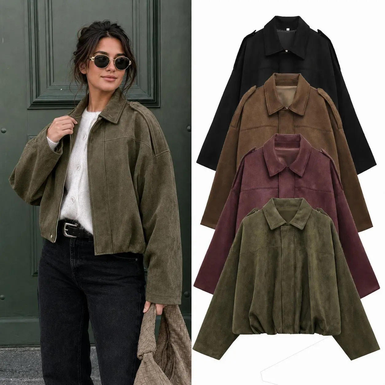 Women's Olive Green Oversized Jacket, Washed Look Long Sleeve Collared Bomber Coat with Shoulder Tabs and Concealed Front Closure, Relaxed Drop Shoulder Hip Length Outerwear for Fall, Casual Streetwear, Travel, Work, Weekend and Daily Outfits,sohochic
