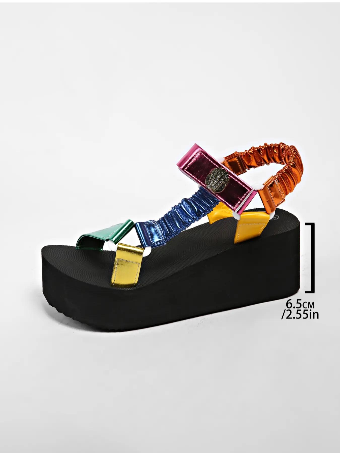 Women's summer bright fashion thick-soled Open Toe Platform sandals with a metal buckle, bright color splicing, outdoor Roman shoes, light and comfortable, hollow breathable beach shoes.