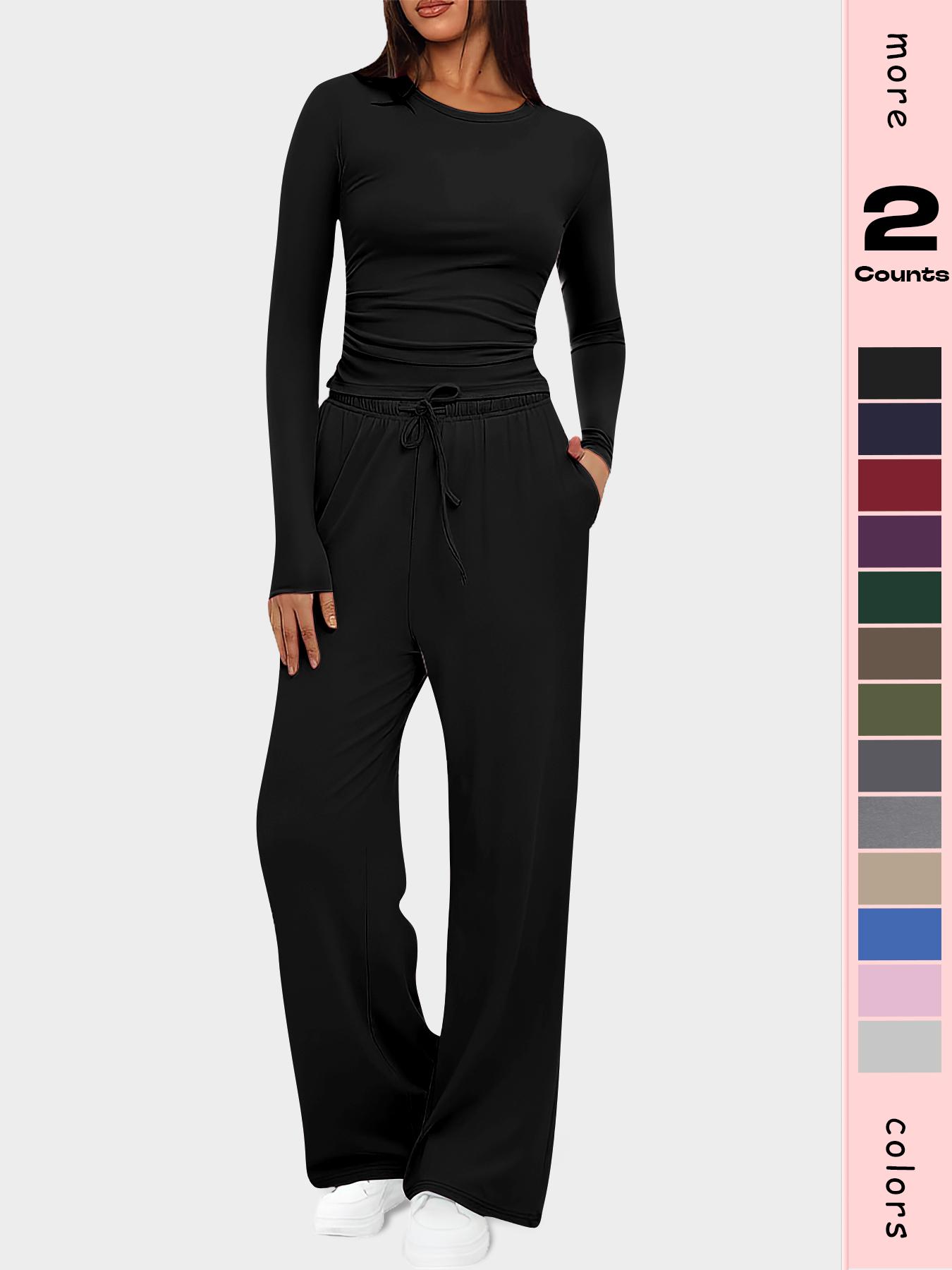Women's 2-Piece Set Autumn and Winter Loungewear Sets, Ruched Fitted Long Sleeve Tops & High Waisted Wide Leg Pants