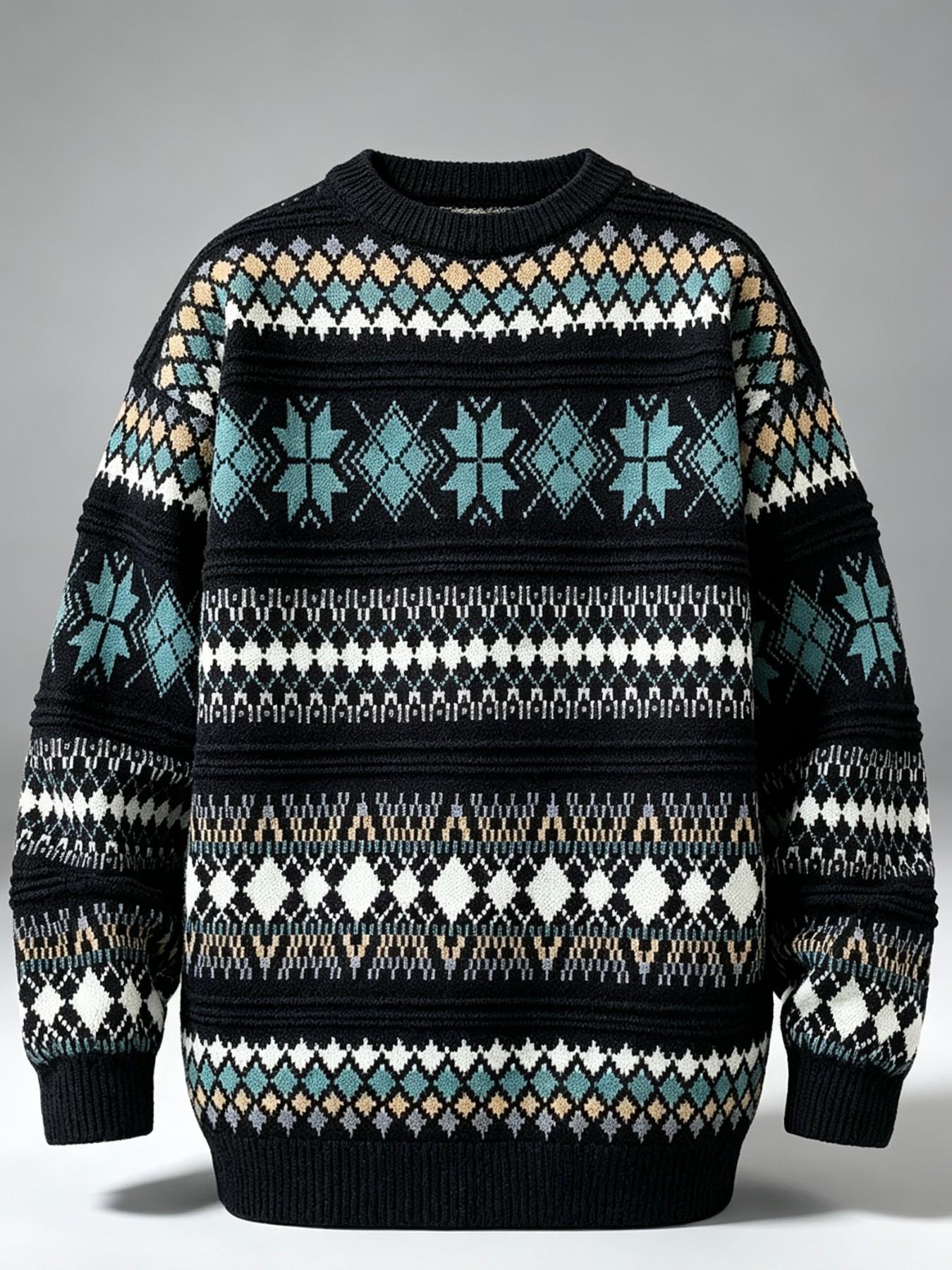 Men's Fair Isle Knit Sweater, Thick Warm Round Neck Pullover, Vintage Nordic Geometric Pattern, Fall Winter Casual Streetwear