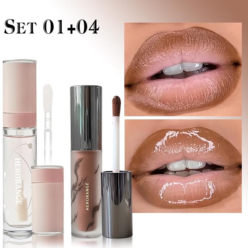 [HERORANGE Lipstick & Lip Gloss Set] Silky Matte Lipstick and Nourishing Lip Gloss Set with Smooth Vibrant Color, Easy to Layer, Moisturizing and Hydrating, Suitable for Stage Performances, Parties and Dates