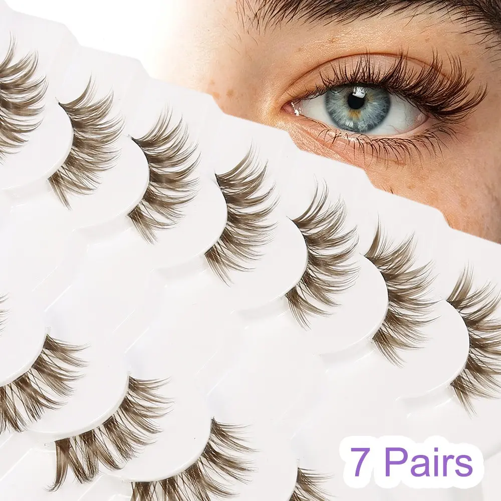 7 Pairs New Half Eye Lashes, Soft Natural Cat Eye Design, Makeup Tool for Fuller Dense False Eyelashes, 5-15mm Transparent Stem Fish Tail Cross Type