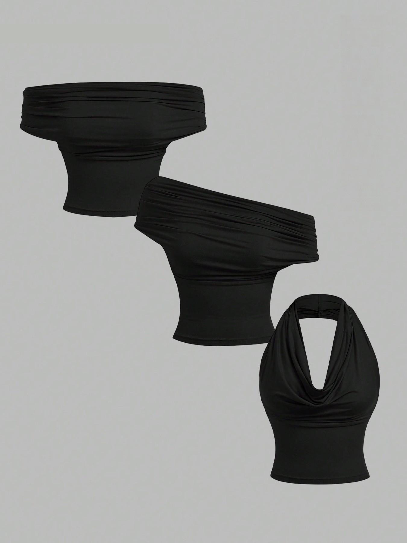 Fashionable New Sexy Blouse Women's Multi Way Wear Ruched Off The Shoulder Tops Draped Cowl Neck Halter Tops 3 Ways to Wear Womenswear