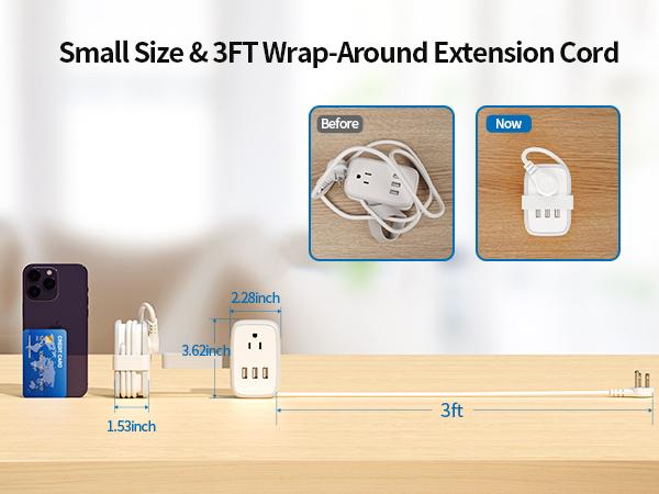 Travel Power Strip with USB Ports, NTONPOWER 2 Outlets 3 USB with 3FT Short Extension Cord Flat Plug, Mini Power Strip Flat Plug, Portable Small Size for Travel Cruise Essentials,