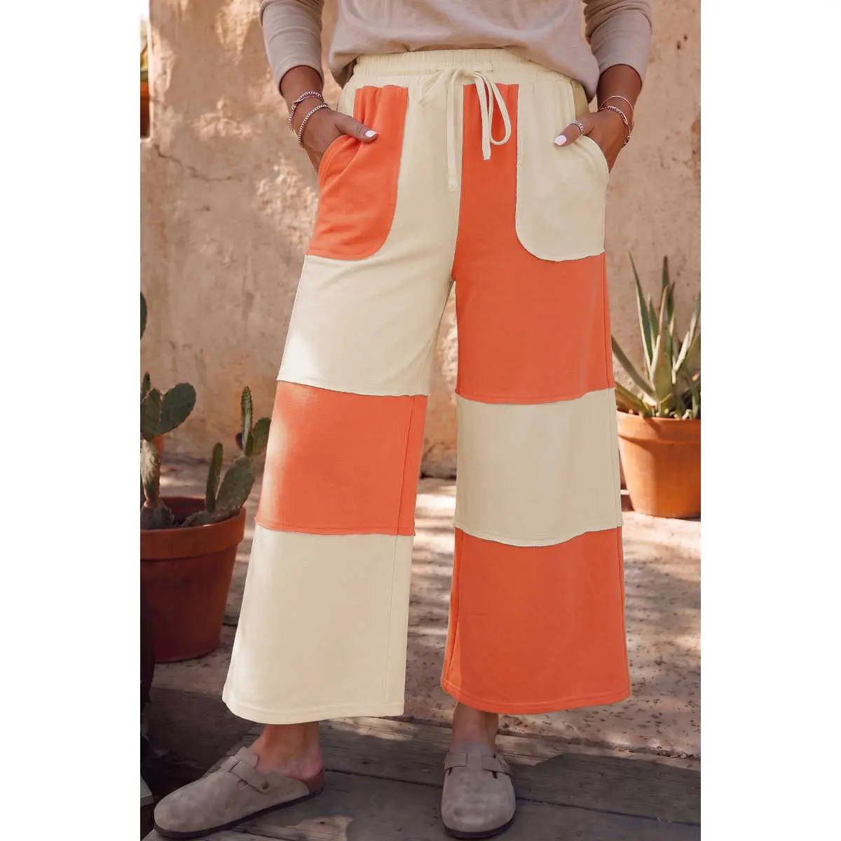 Russet Orange Raw Seam Colorblock Wide Leg Ankle Length Casual Pants