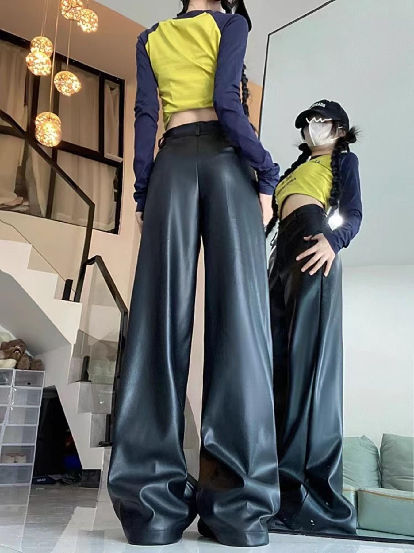 Trendy High-Waisted Wide-Leg Leather Pants, Slimming Straight-Cut Design, Streetwear Versatile Long Trouser, Fall & Winter Fashion