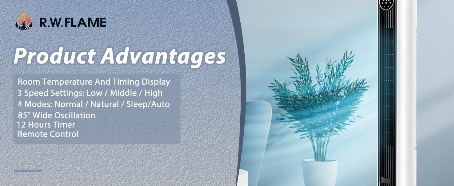 R.W.FLAME Tower Fan for Bedroom 12H Timer, 37”Standing Fans with Remote, Bladeless Fan with 4 Modes & 3 Speeds