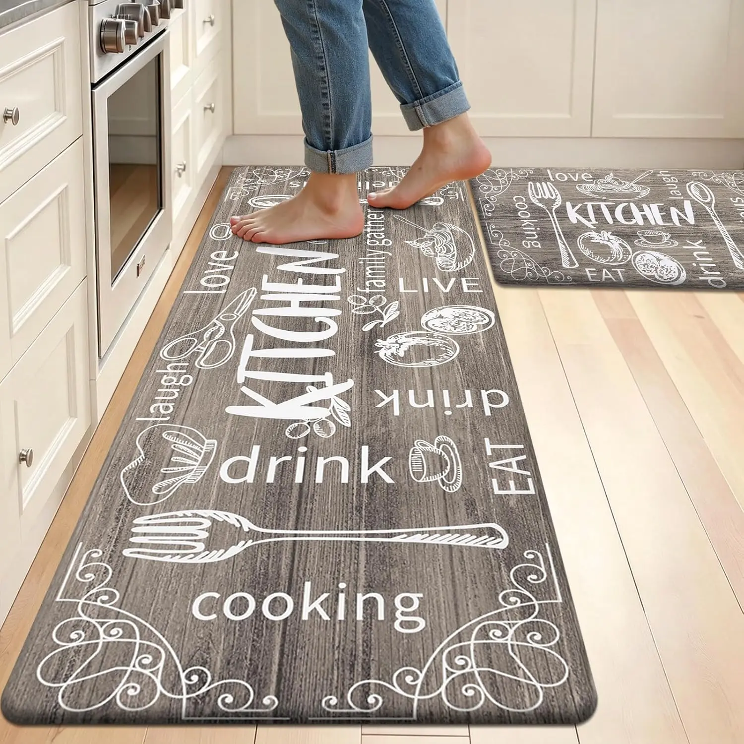 Anti Fatigue Kitchen Rugs Set of 2, Cushioned Kitchen Mats for Floor | Non Slip Farmhouse Kitchen Rug and Runner Set, Waterproof Comfort Kitchen Floor Mat Carpet for Sink, Standing Desk, Laundry