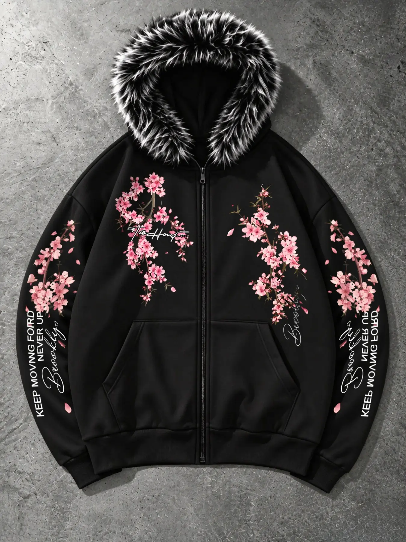 Aesthetic Cherry Blossom Print Faux Fur Hooded Zip-Up Hoodie | Warm Casual Loose Fit Everyday Streetwear Jacket for Daily Wear Graphic Hoodie