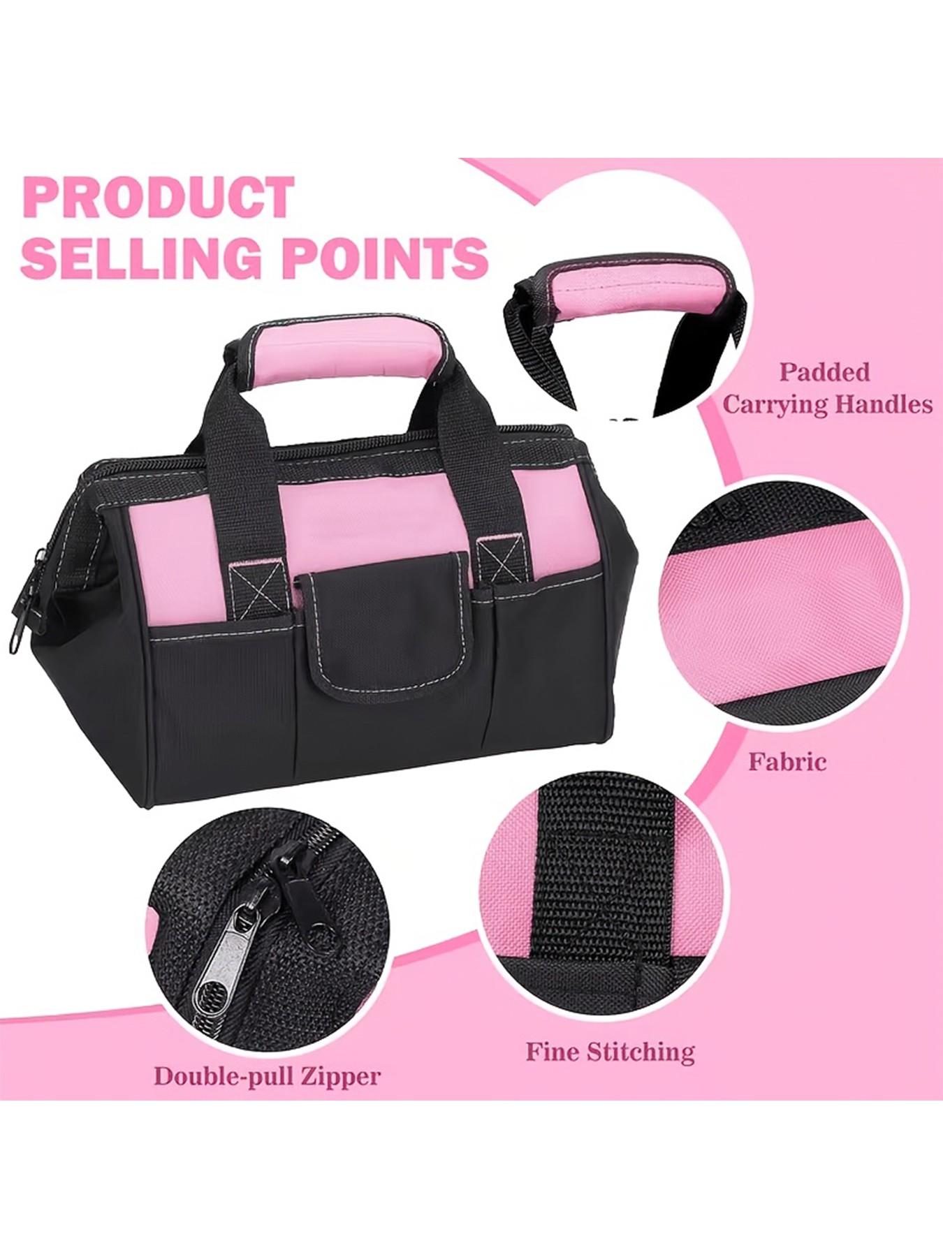 1pc Pink tool kit featuring a zipper-style wide opening design, made of polyester fabric for durability. (Tools not included)