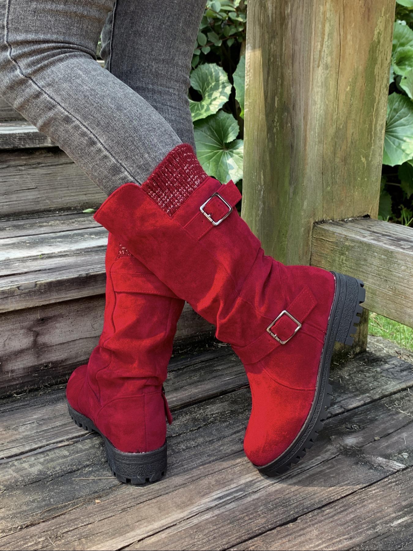 4-color Christmas Day women's boots, winter warm plush lining, oversized elastic collar design, mid calf boots perfectly wrapped around the calf, winter fashion women's boots, Winter Booties