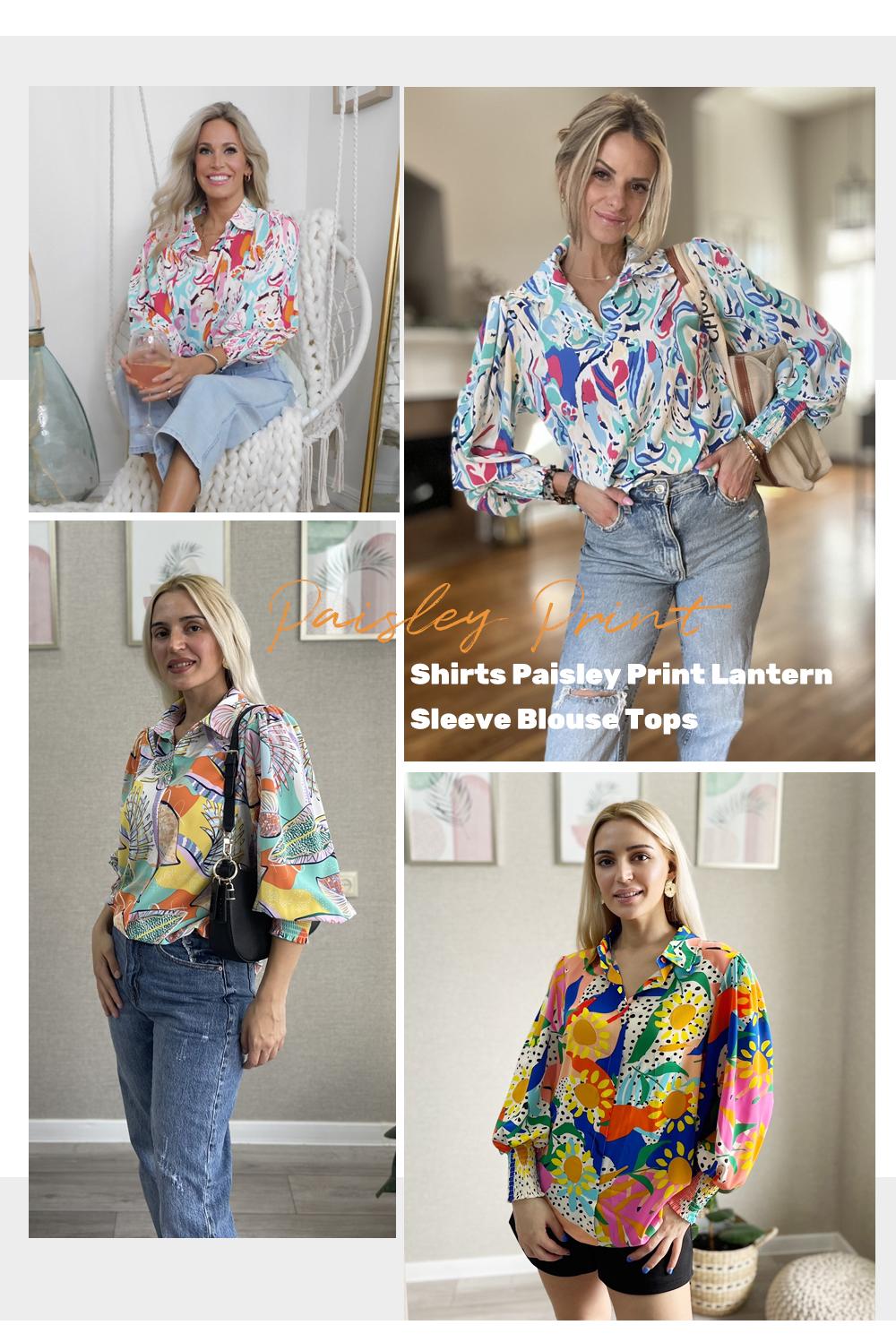 EVALESS Women's Casual Paisley Graphic Floral Print Springtok Shirts Tops V Neck Lantern Long Sleeve Loose Fitted Blouses 2026 Womenswear Trendy Outfits