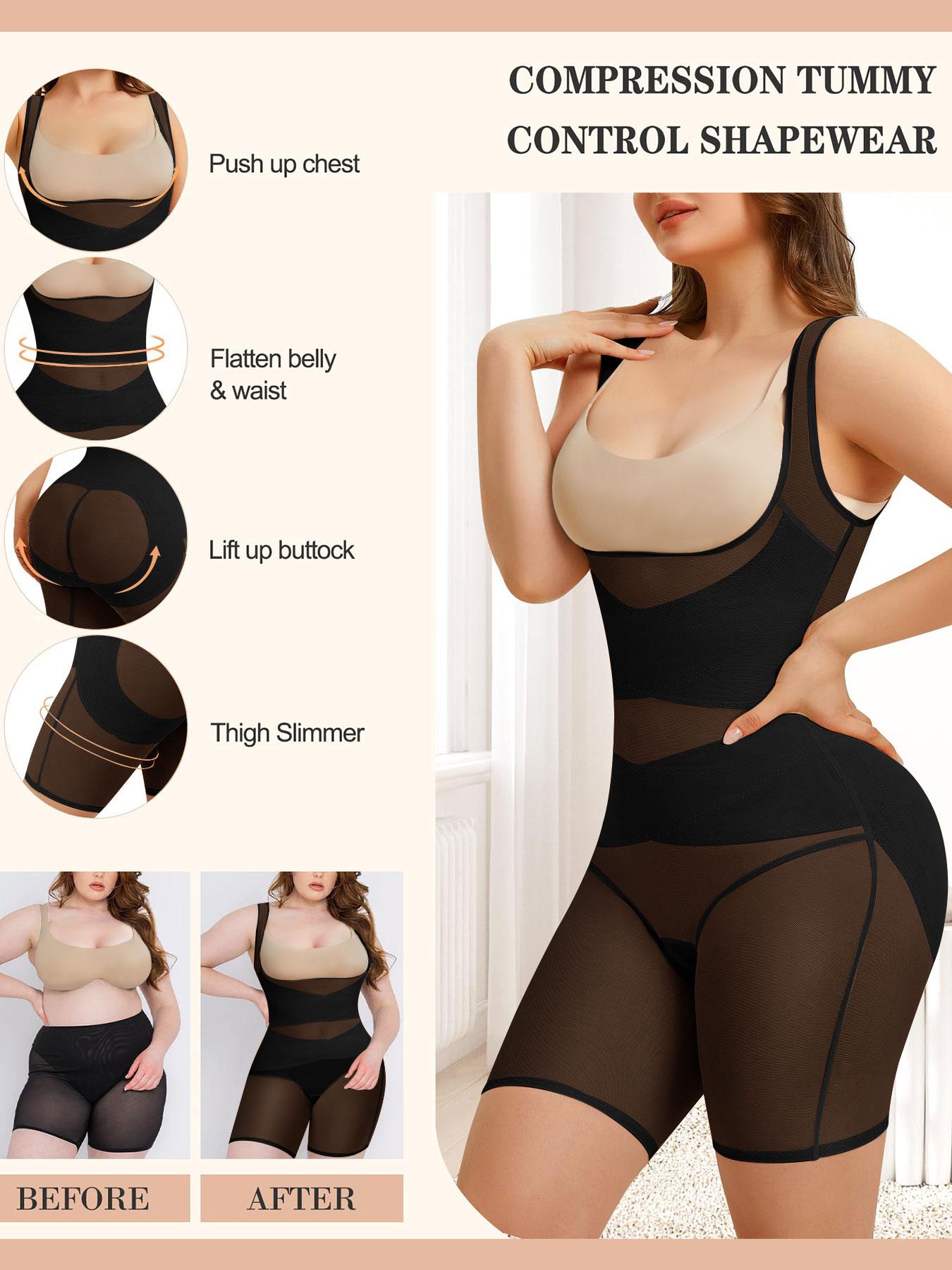 Plus Size Women's Shapewear Bodysuit, High Elasticity Mesh Fabric, Breathable & Invisible, All-Season Wear, Push-Up & Tummy Control Design, Womenswear