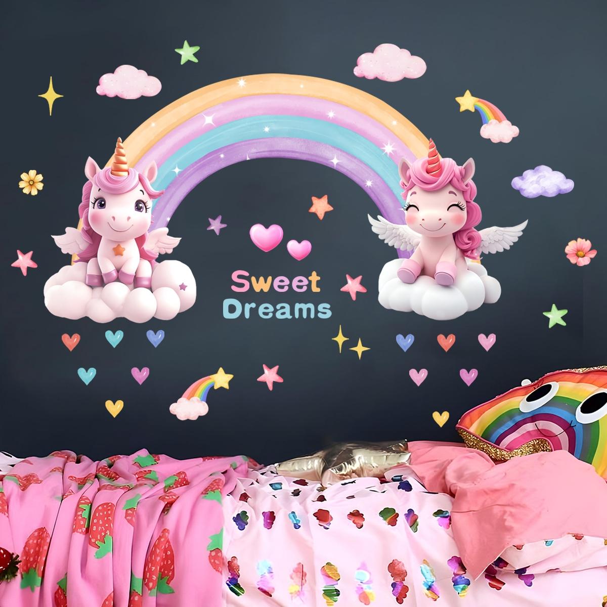 Rainbow Cloud Unicorn Wall Decals Set, 2 Sheets (30x90cm), Home Decor for Living Room & Bedroom, Easy-Remove Wallpaper Stickers