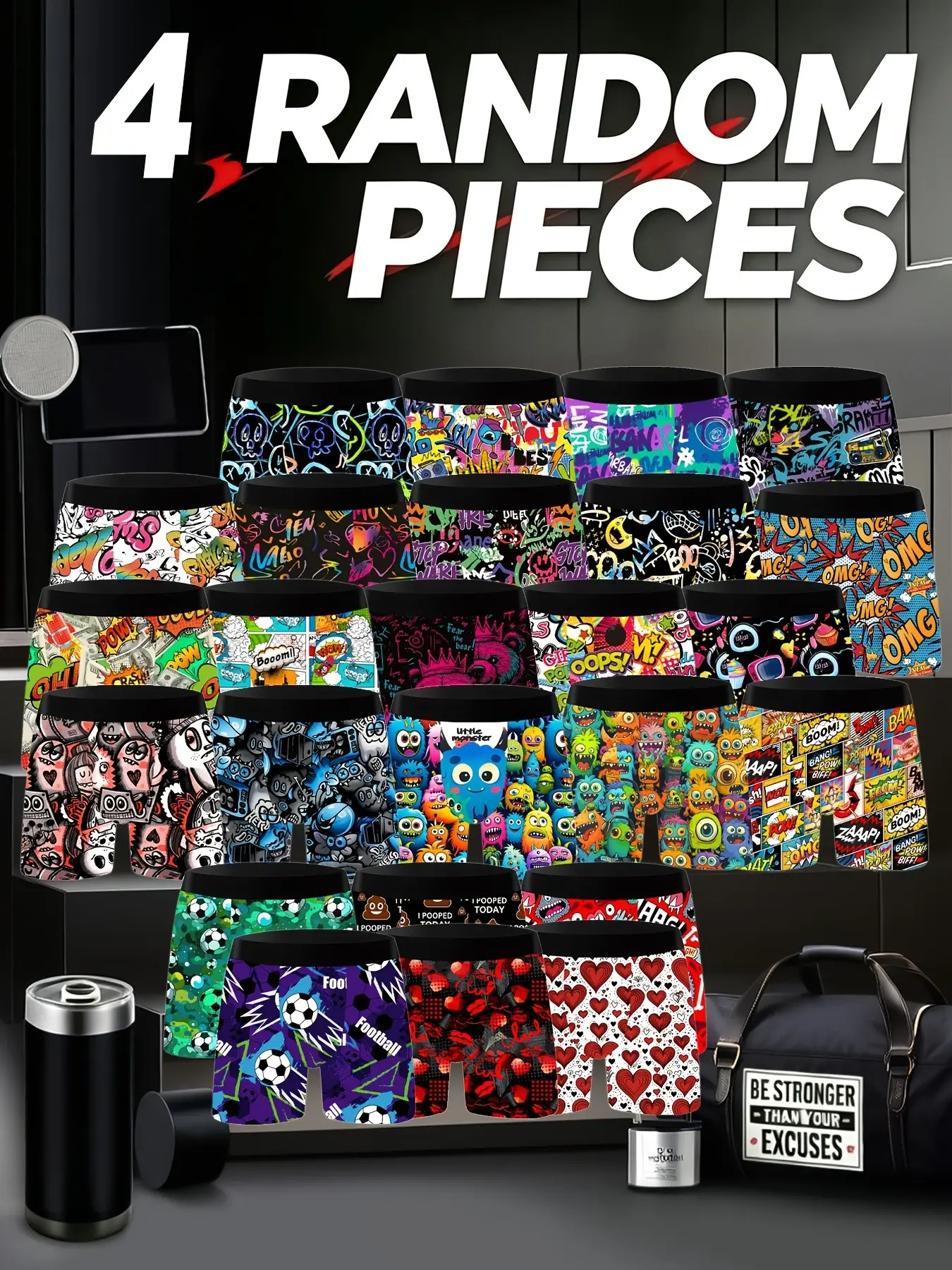 Men's Random Print Briefs, Trendy Street Graffiti Cartoon Pattern, High Elastic Breathable Four-Way Stretch Underwear, Fashionable All-Season Wear
