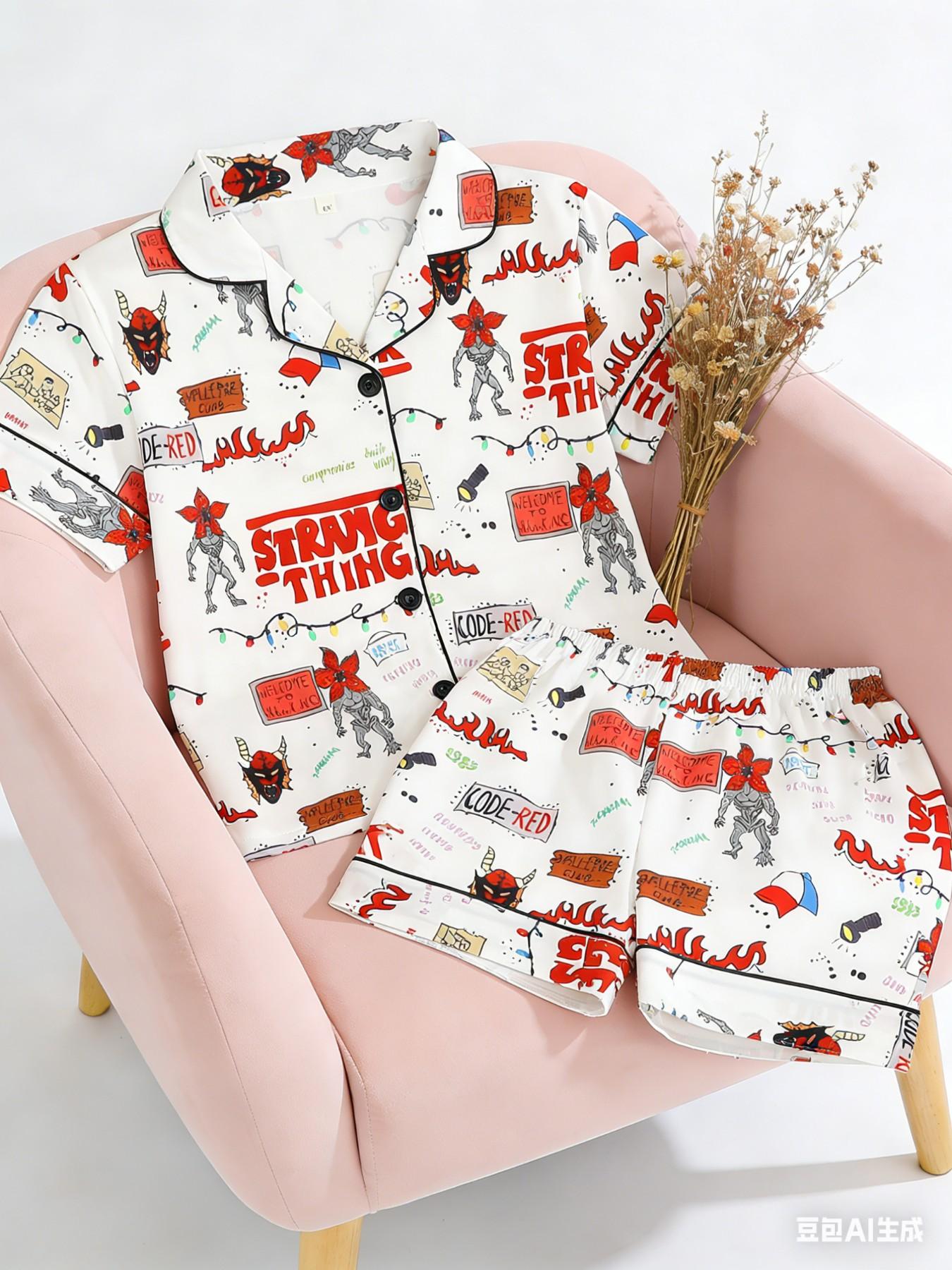 Kids Pajama Set, Cartoon Monster Pattern, Fashion Open-Cardigan Short Sleeve, Flame-Retardant Knit, All Seasons, Party Gift