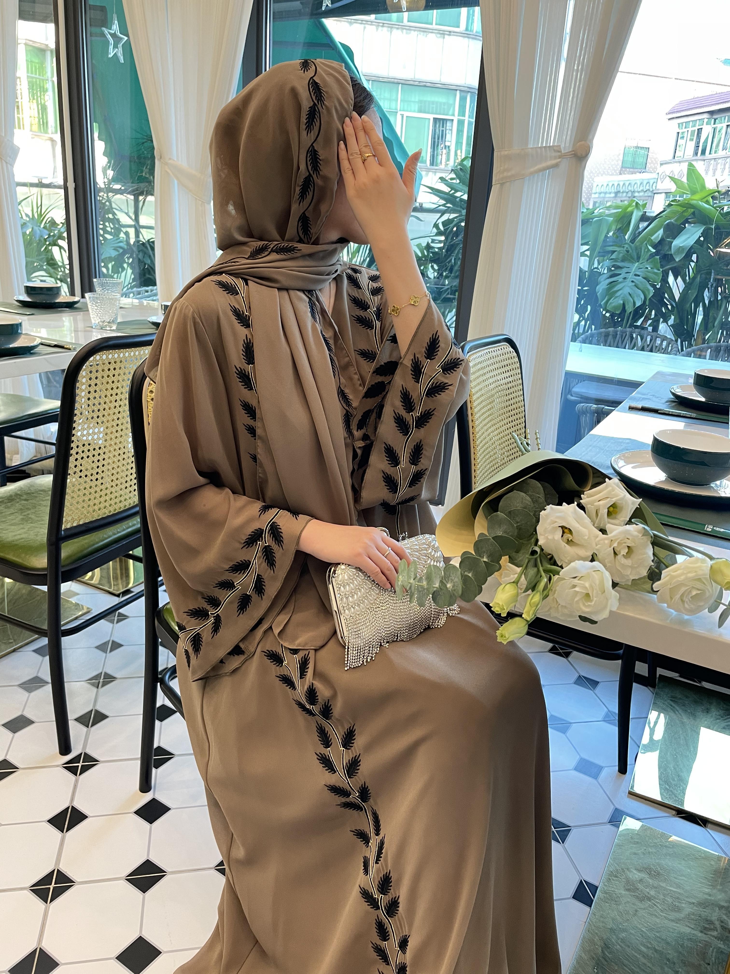 CL14 Unique and exquisite embroidery design abaya, chiffon abaya, two piece set, summer abaya,Muslim robe Modesty Maxi Formal Women Chic Beige【Fashionweek】