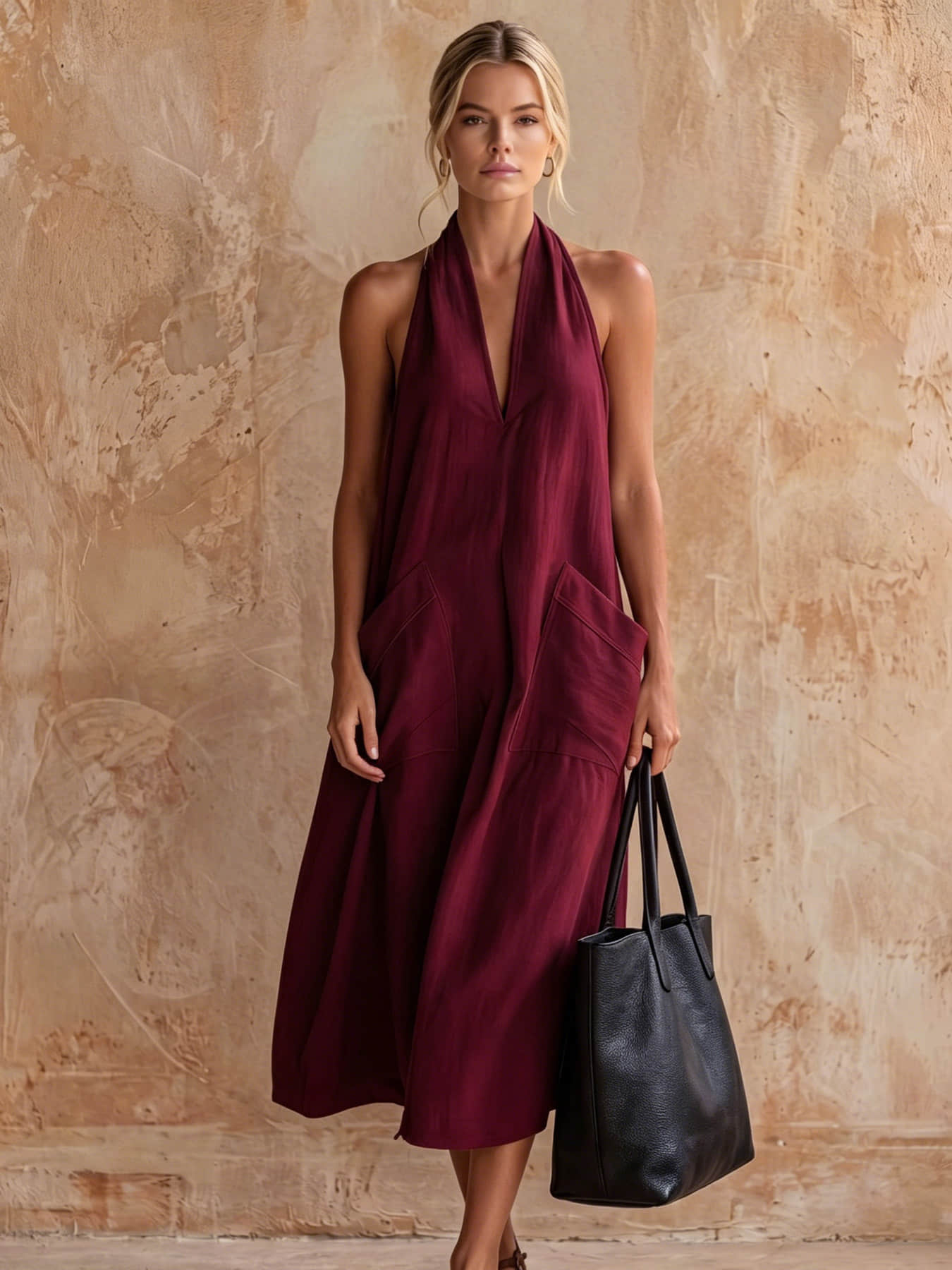 A fashionable women's neck hanging V-neck dress, summer Minimalist Casual loose sleeveless mid length lazy vacation long dress beach party dress suitable for beach vacation, coffee shop relaxation, afternoon tea, daily commuting, light office banquet