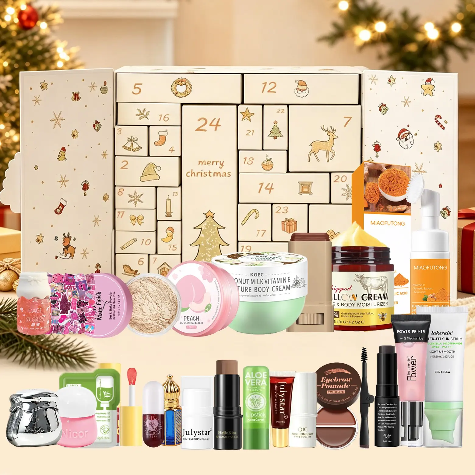 Christmas Countdown Calendar Beauty Gift Box 24-Day Countdown Blind Box Set, All-in-One Skincare, Makeup, and Body Care Combo, Christmas Gift for Girlfriend or Bestie, Surprise Limited Edition Box with Moisturizer, Cleanser, Lip Gloss, Eyeshadow, Highligh