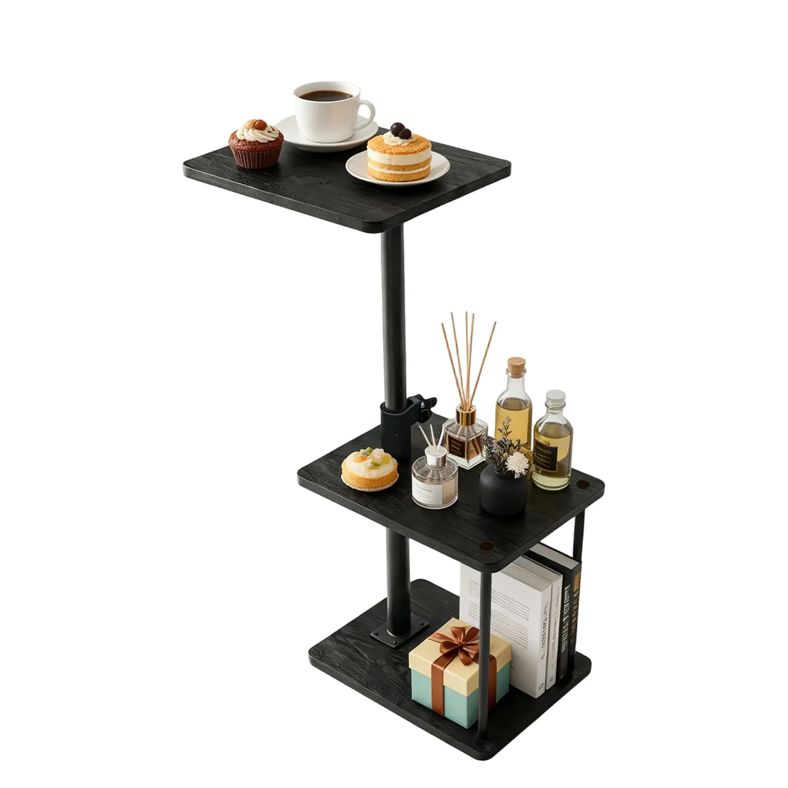 360° Swivel C-Shaped Side Table with Adjustable Tabletop, 3-Tiered Storage, Rolling Base & Swiveling Casters, Adjustable Height Indoor Furniture for Living Room Couch (Black/Brown), Three-Tiered