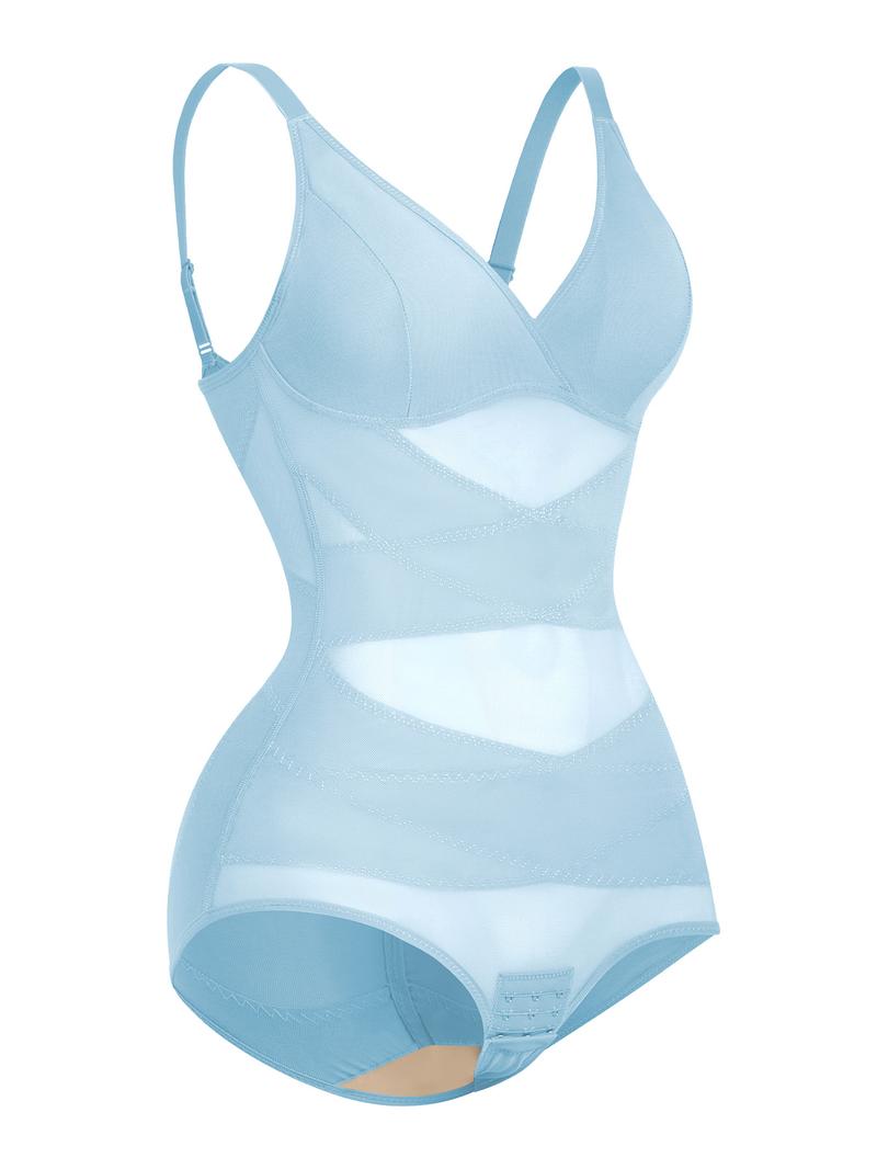 Women's Solid Sheer Contrast Mesh Padded Shapewear Bodysuit, Deep V Neck High Stretch Butt Lift Tummy Control Shapewear Cami Bodysuit, Women's Shapewear