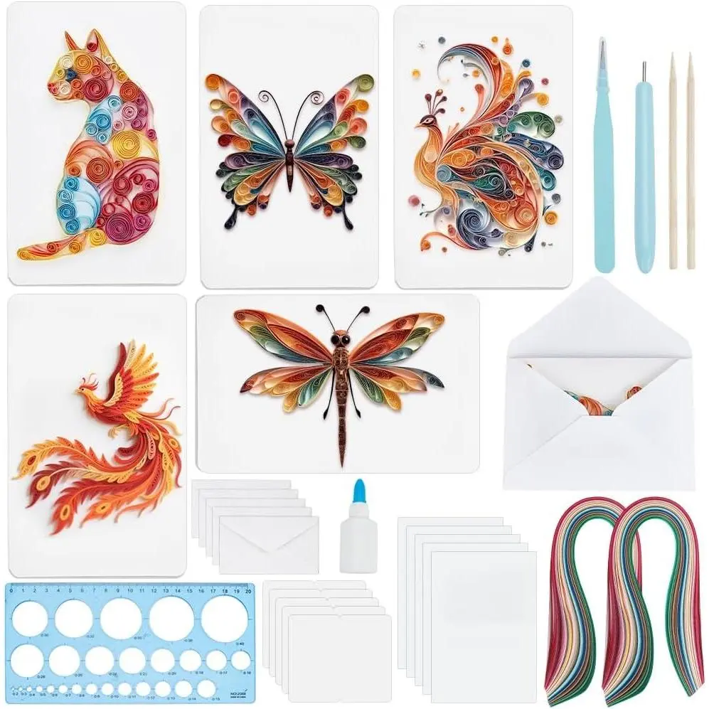 20 Sets DIY Animal Quilling Cards Kit for Adults, 5 Styles Cat Butterfly Dragonfly Quilling Card Making with Blank Cards, Strips, Quilling Tool and Instruction, Perfect for Thanksgiving Christmas Wedding Gift