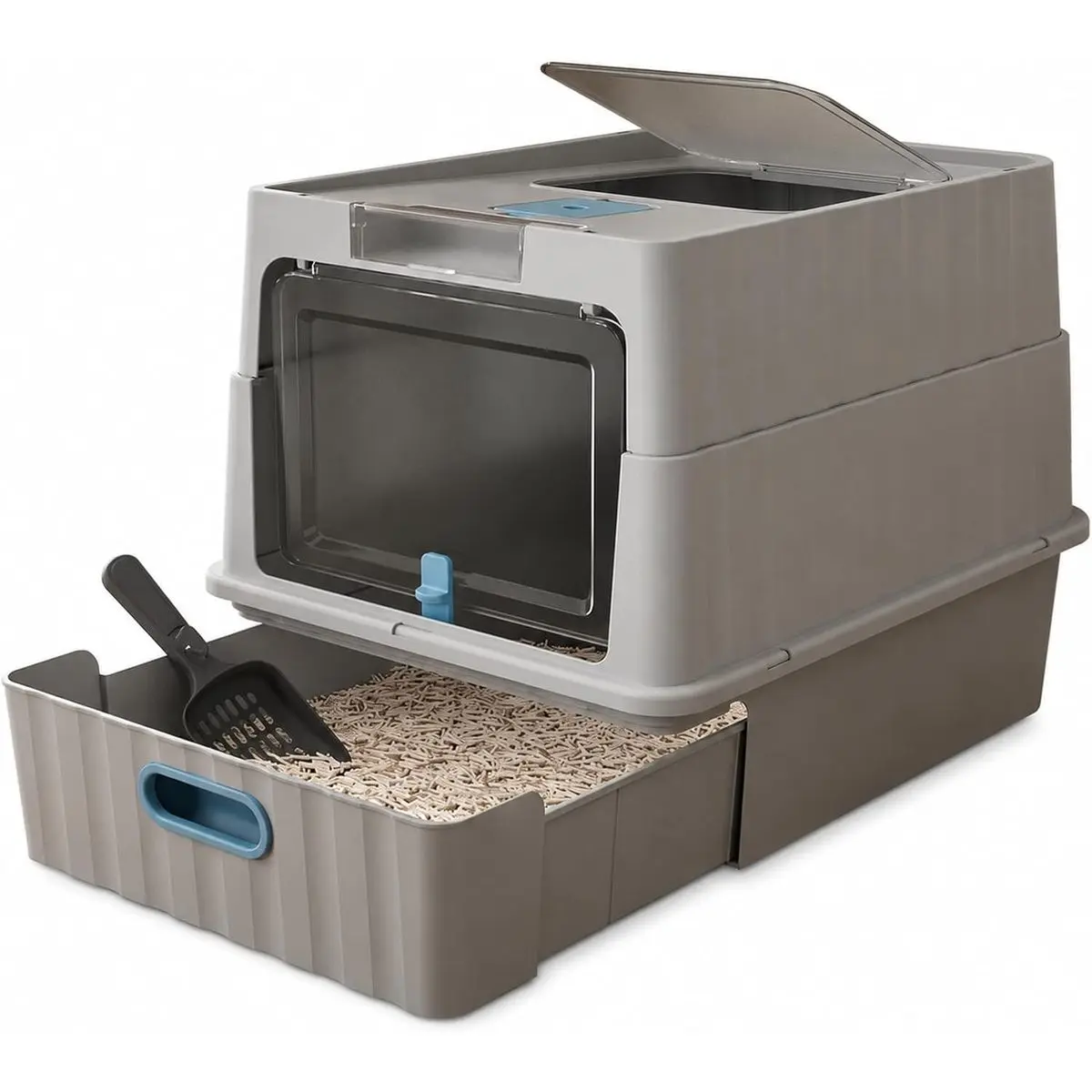 Large Enclosed Top-Entry Cat Litter Box with Pull-Out Drawer, Durable Hooded Odor-Resistant Cat Toilet, Anti-Splashing Easy Clean Covered Litter House for Indoor Cats & Kittens, Free Litter Scoop Included