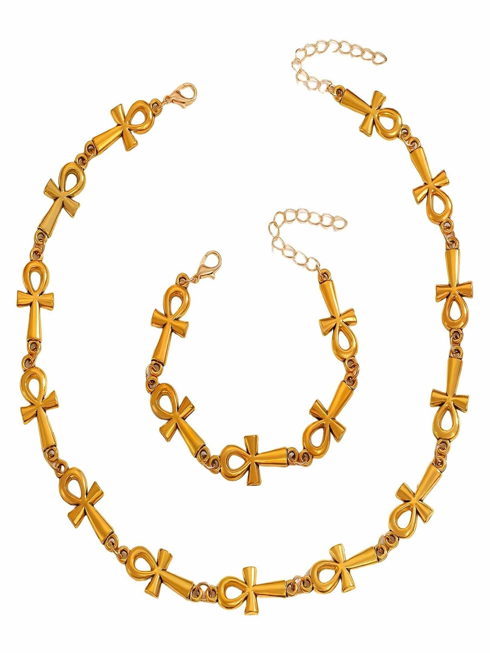 Anka Cross Necklace Bracelet Set, Alloy Hip Hop Retro Unisex Daily Wear, Lifeforce Symbol, Fade-Resistant, Adjustable, Trendy Street Style