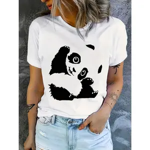 Ladies Casual Round Neck T-Shirt with Cute Panda Print| Fabric, Short-Sleeved, White, Suitable for All Seasons, Crew Neck, Slight Stretch, Geometric Pattern, Ideal for Birthday, Holiday, Casual and Everyday Wear