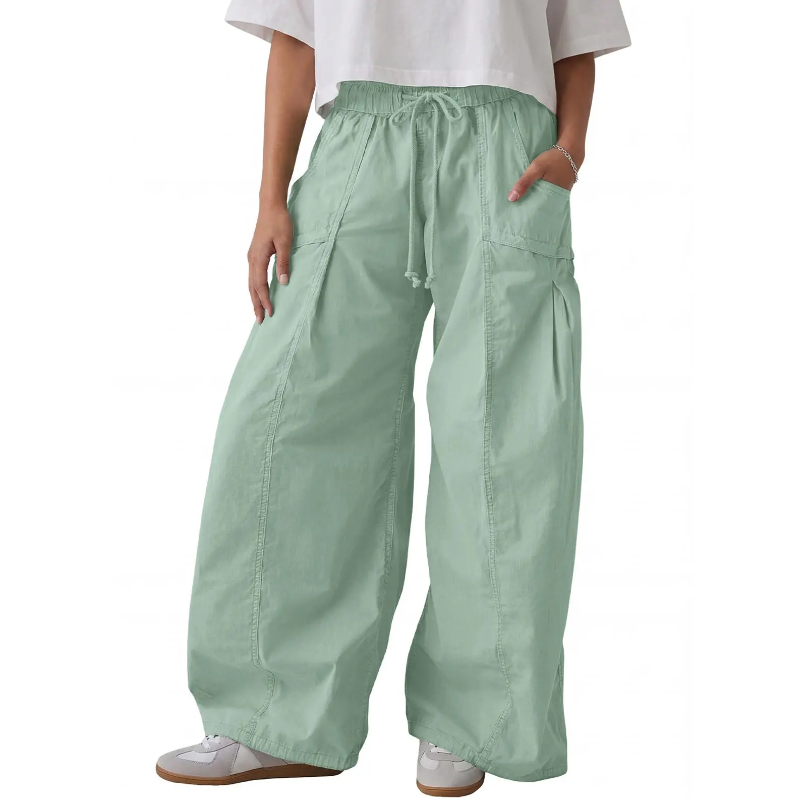 Aoysky Women's Oversized Baggy Cotton Cargo Pants, Wide Leg Casual Bottoms with Adjustable High Waist for Lounge Wear,back to school shopping, Loose