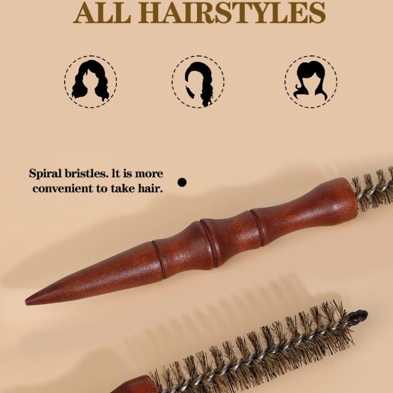 Mini Boar Bristle Round Brush for Short Hair,-0.78-0.70-0.62 Inch Diameter Small Round Barrel Brush for Blow Drying Anti Static Quiff Mini Comb with Wooden Handle for Blow Drying Straightening Curling Wet Thin or Short Hair