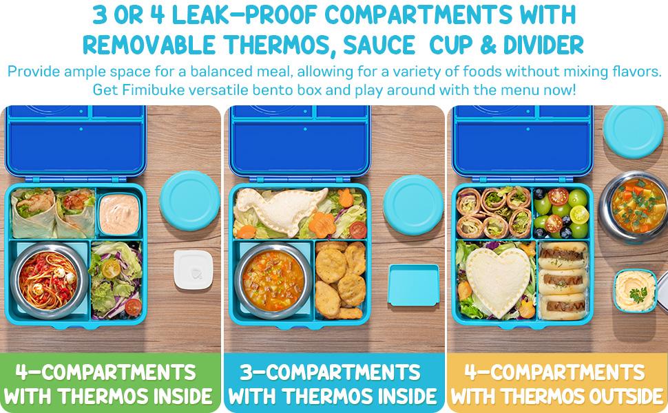 Fimibuke Leakproof Bento Lunch Box with Thermos Jar, BPA Free with 8.5oz Insulated Thermos Food Jar, Utensils & Sauce Jar, 3 or 4 Compartment Container for School dealsforyoudays