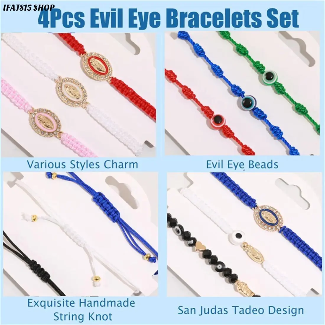 Unisex 4Pcs Matching Charm Bracelets Set, Rhinestones Braided Steel & PU Rope Bracelets with Evil Eye, Heart & San Judas Charms, Stackable Fashion Jewelry for Couple Gifts, Everyday Wear