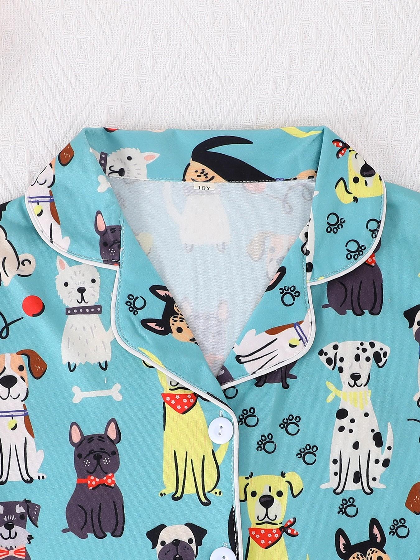 2-Piece Kids Pajama Set, Cartoon Puppy Footprint Design, Casual Short Sleeve, Loose-Fit, All-Season Wear, Party Gift Set