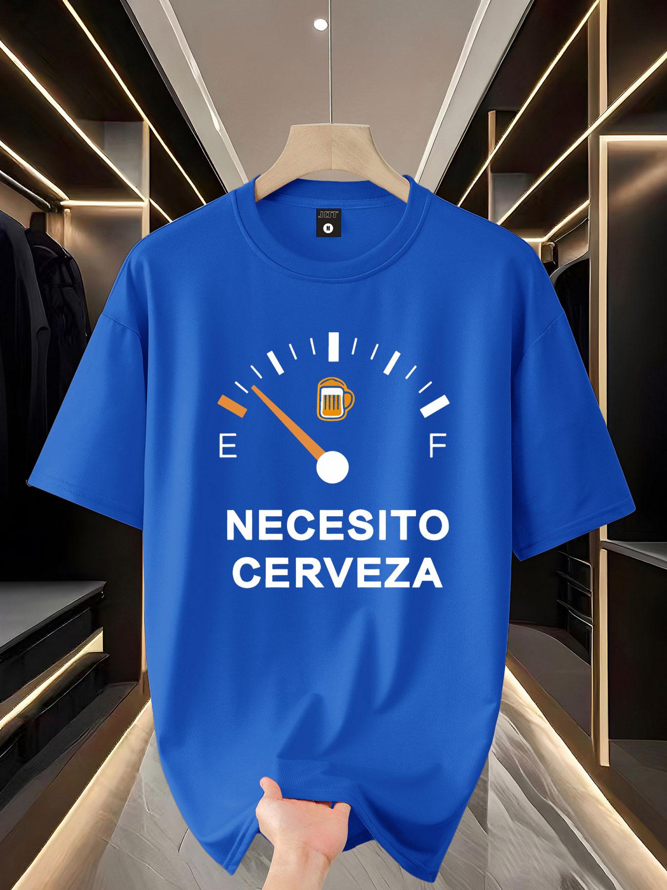 Funny Beer-Themed Short Sleeve T-Shirt, Fun Design with Spanish Text & Gas Gauge Graphic, Perfect for Casual Wear